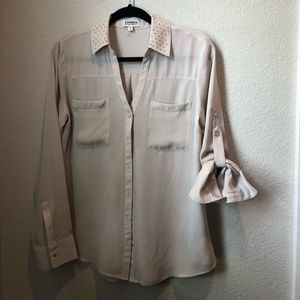 Polyester Gold Beads on collar Buttoned up Blouse